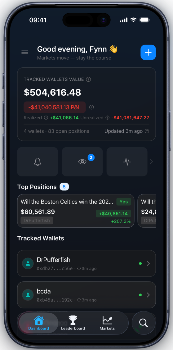 Predm iOS app: home screen with tracked wallets, P&L and top positions