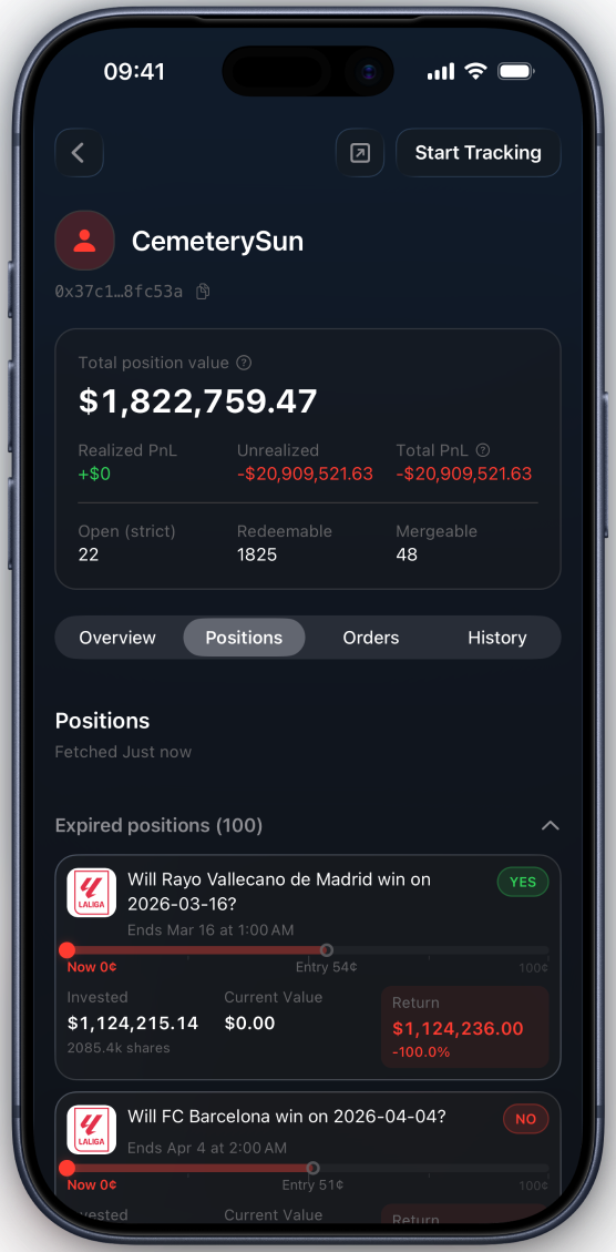 Predm iOS app: trader detail with total position value, realized and unrealized P&L, and open positions